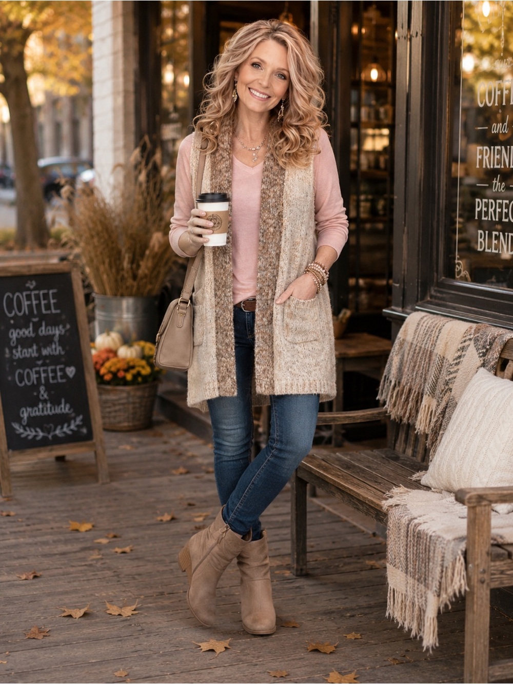 or
Simply Noelle Long Open Knit Cardigan Vest Neutral Boho Pockets S/M